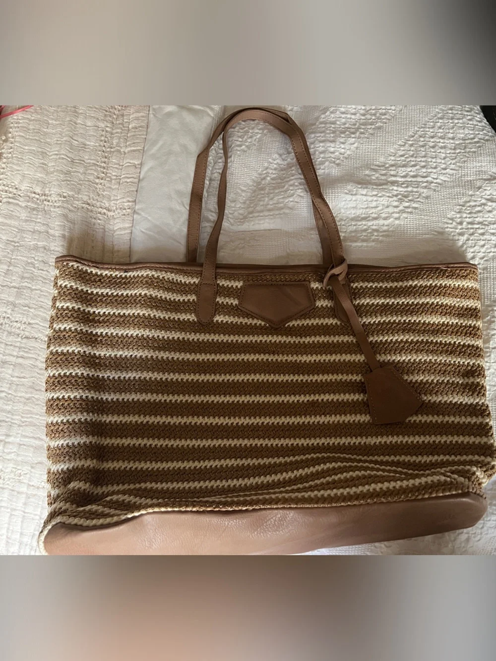 Urban Expressions Striped Straw Beach Tote Bag – Tan & White - Picture 1 of 6